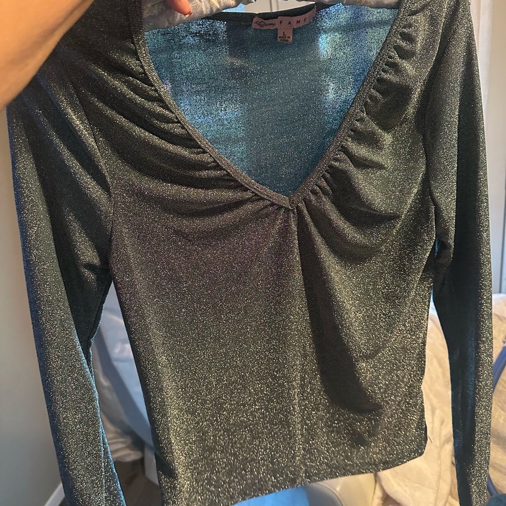 Crave Fame Metallic Teal Ruched Blouse
